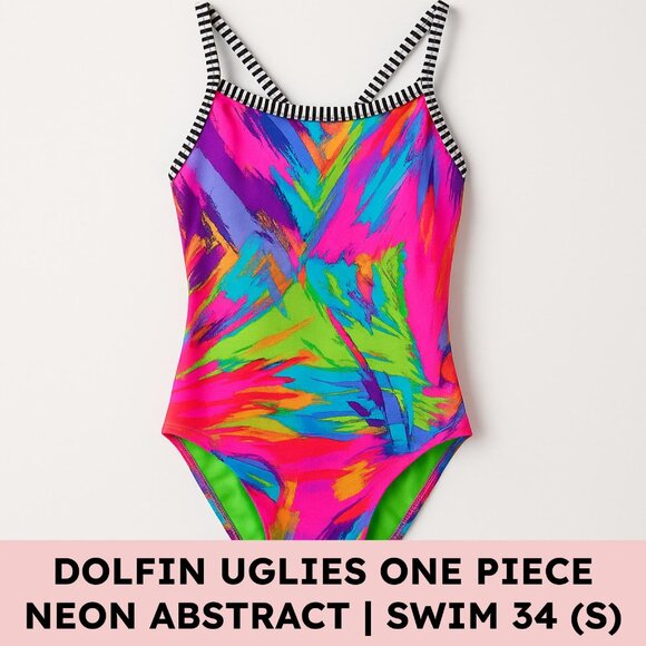 Dolfin Uglies Neon Abstract One Piece Swimsuit Candy Stripe Straps 80s-core 34 - Picture 1 of 6